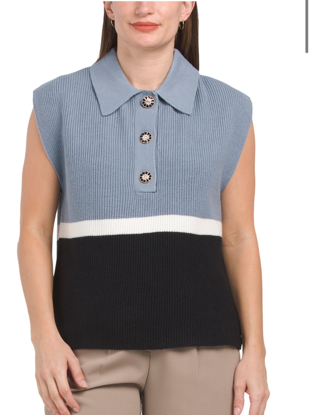 Laundry by Shelli Segal M Dusty Blue Colorblock Knit Polo Jeweled Buttons NWT